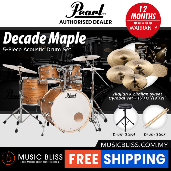 Pearl Decade Maple 5-Piece Drum Set with Hardware, Drumstick and Throne - 22" Kick - Satin Caramel Veil