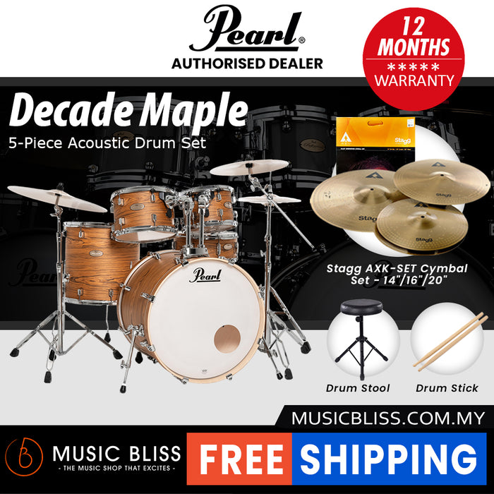 Pearl Decade Maple 5-Piece Drum Set with Hardware, Drumstick and Throne - 22" Kick - Satin Caramel Veil