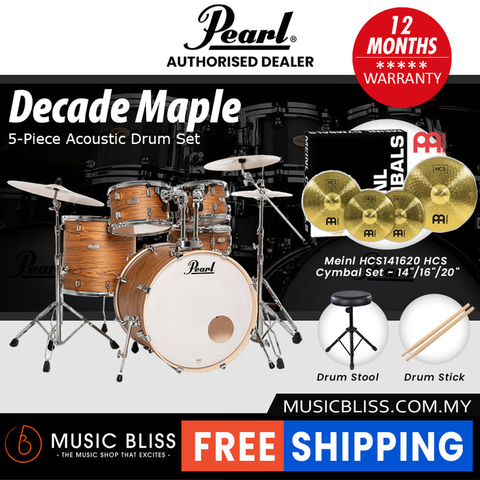 Pearl Decade Maple 5-Piece Drum Set with Hardware, Drumstick and Throne - 22" Kick - Satin Caramel Veil
