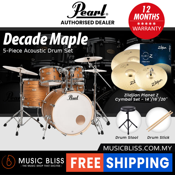 Pearl Decade Maple 5-Piece Drum Set with Hardware, Drumstick and Throne - 22" Kick - Satin Caramel Veil