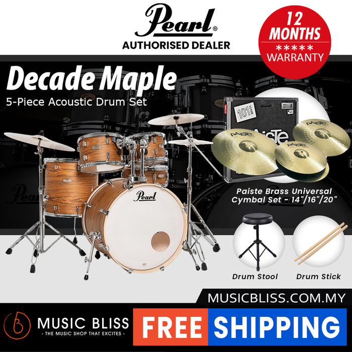 Pearl Decade Maple 5-Piece Drum Set with Hardware, Drumstick and Throne - 22" Kick - Satin Caramel Veil
