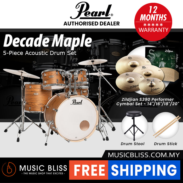 Pearl Decade Maple 5-Piece Drum Set with Hardware, Drumstick and Throne - 22" Kick - Satin Caramel Veil
