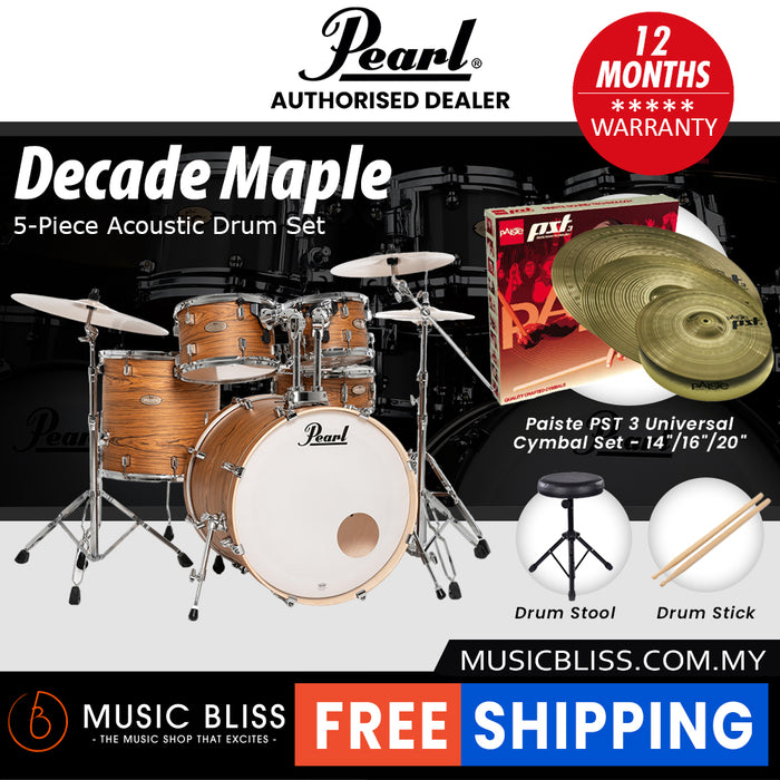 Pearl Decade Maple 5-Piece Drum Set with Hardware, Drumstick and Throne - 22" Kick - Satin Caramel Veil