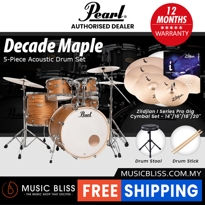 Pearl Decade Maple 5-Piece Drum Set with Hardware, Drumstick and Throne - 22" Kick - Satin Caramel Veil