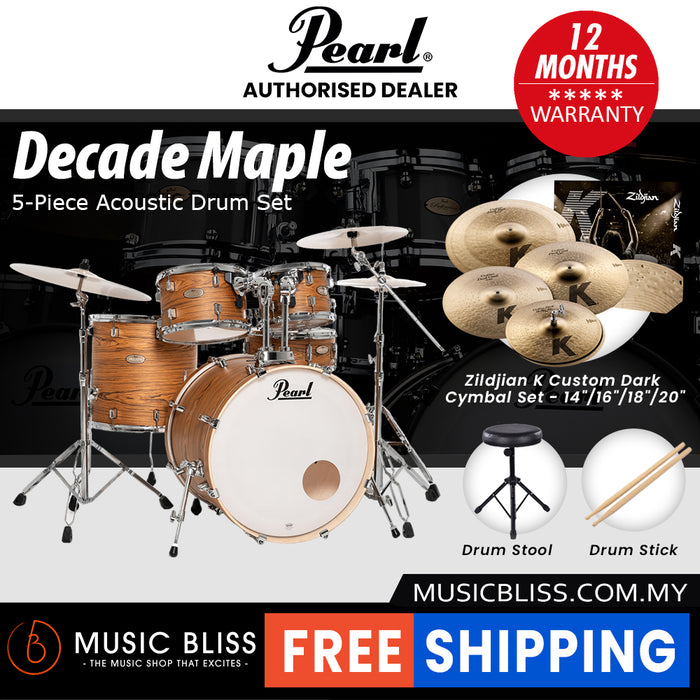 Pearl Decade Maple 5-Piece Drum Set with Hardware, Drumstick and Throne - 22" Kick - Satin Caramel Veil