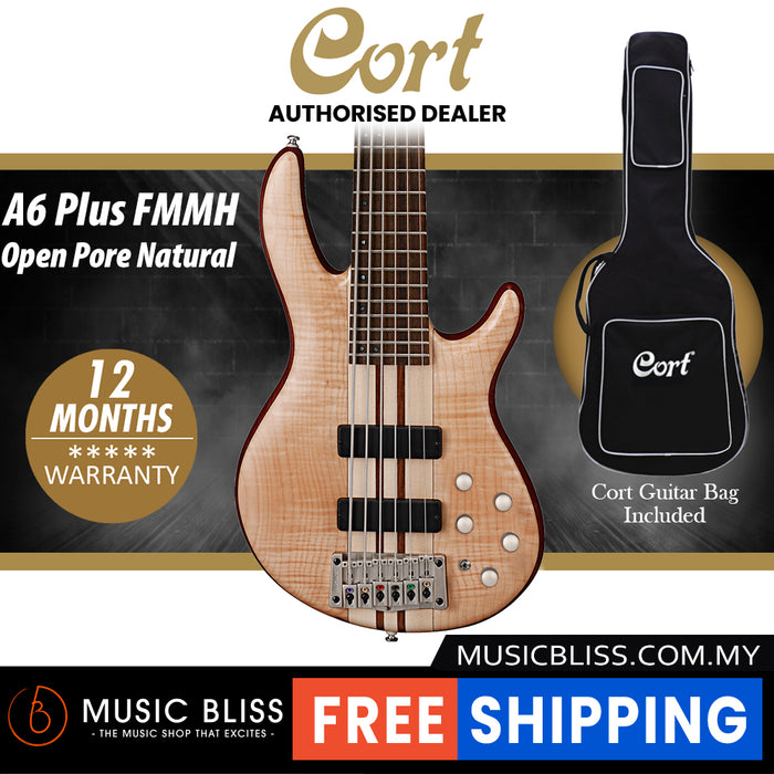 Cort A6 Plus FMMH 6-String Bass Guitar with Bag - Open Pore Natural