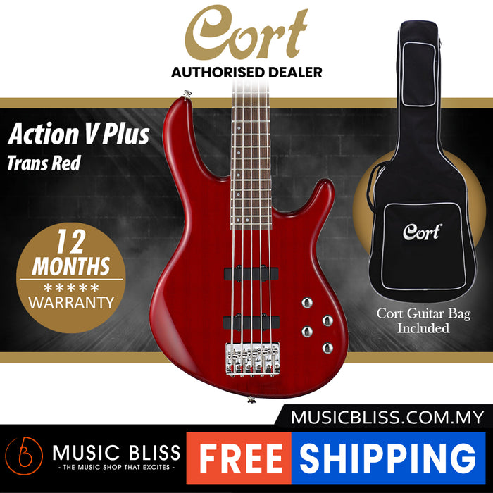 Cort Action Bass V Plus Bass Guitar with Bag - Trans Red