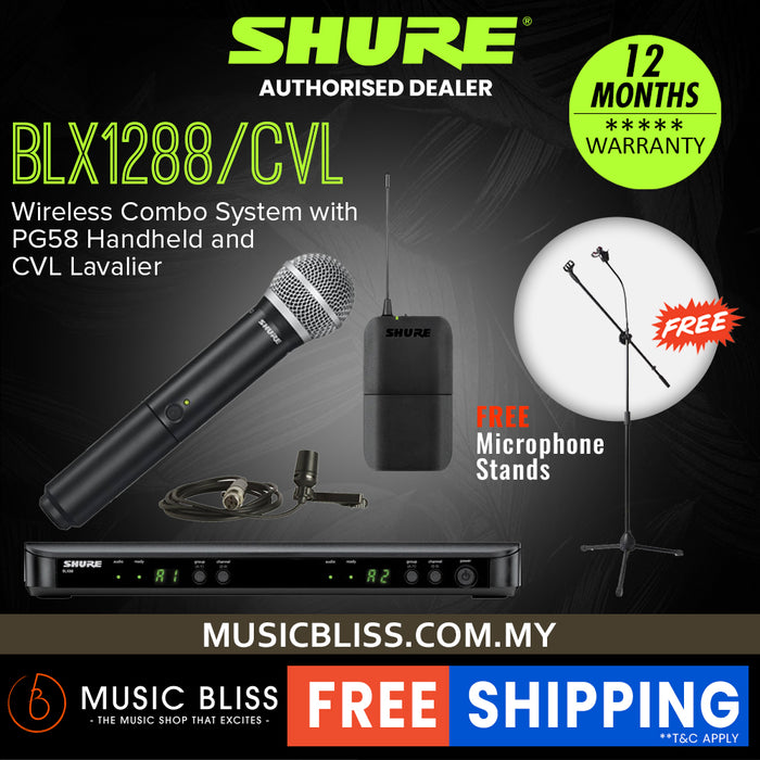 Shure BLX1288/CVL Dual Channel Combo Wireless System, BLX88 Receiver, BLX1 Bodypack Transmitter, BLX2/PG58 Handheld Cardioid Dynamic Mic & CVL Cardioid Condenser Lavalier Mic