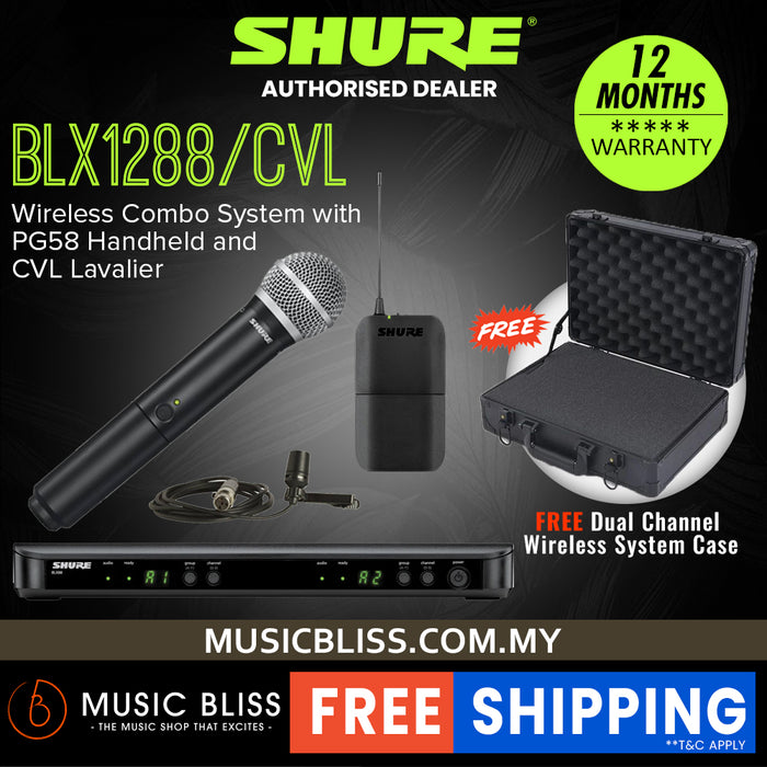 Shure BLX1288/CVL Dual Channel Combo Wireless System, BLX88 Receiver, BLX1 Bodypack Transmitter, BLX2/PG58 Handheld Cardioid Dynamic Mic & CVL Cardioid Condenser Lavalier Mic