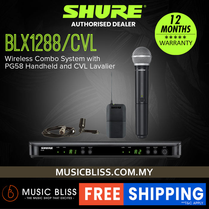 Shure BLX1288/CVL Dual Channel Combo Wireless System, BLX88 Receiver, BLX1 Bodypack Transmitter, BLX2/PG58 Handheld Cardioid Dynamic Mic & CVL Cardioid Condenser Lavalier Mic