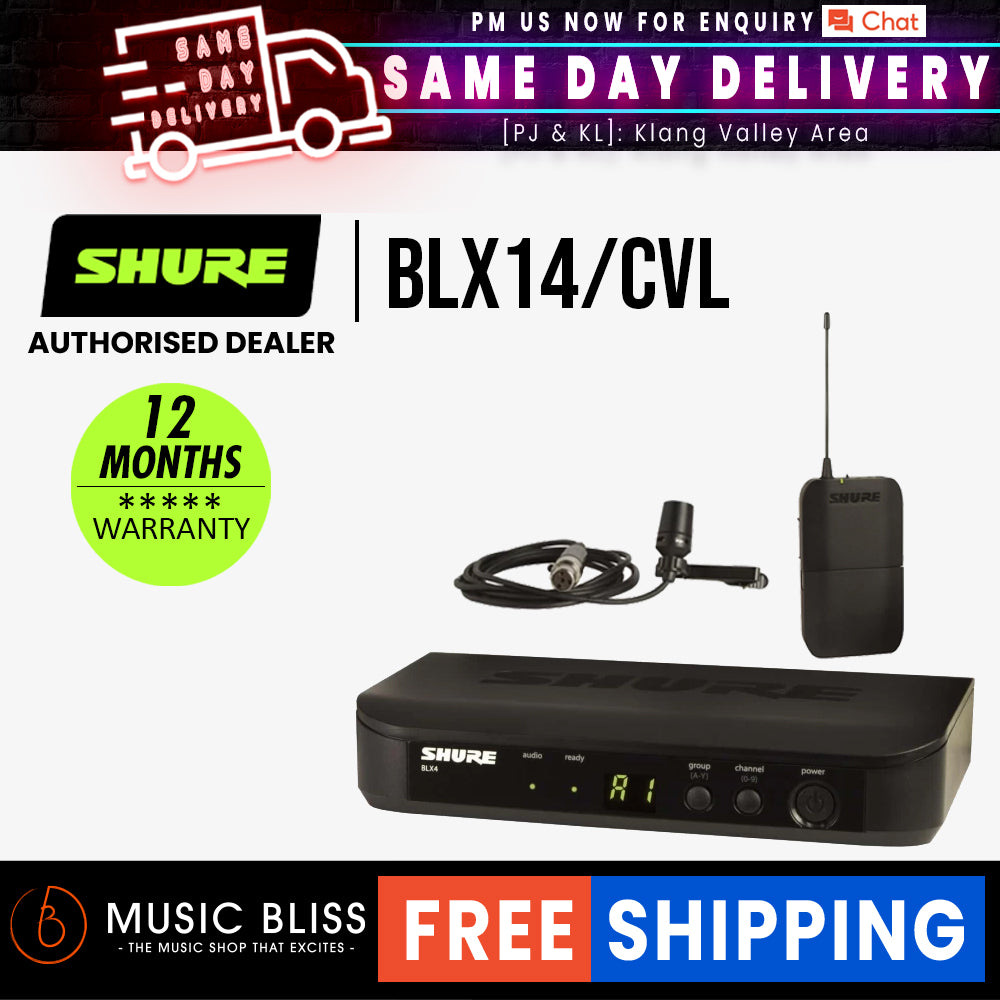 Shure BLX14 CVL Wireless Lavalier Microphone System BLX4 Receiver BLX1 Bodypack Transmitter CVL Cardioid Condenser Lavalier Mic