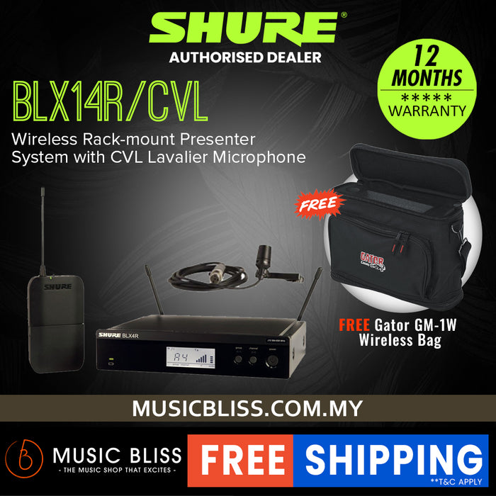 Shure BLX14R/CVL Wireless Rack-mount Presenter System, BLX4R Wireless Receiver, BLX1 Bodypack Transmitter & CVL Lavalier Microphone