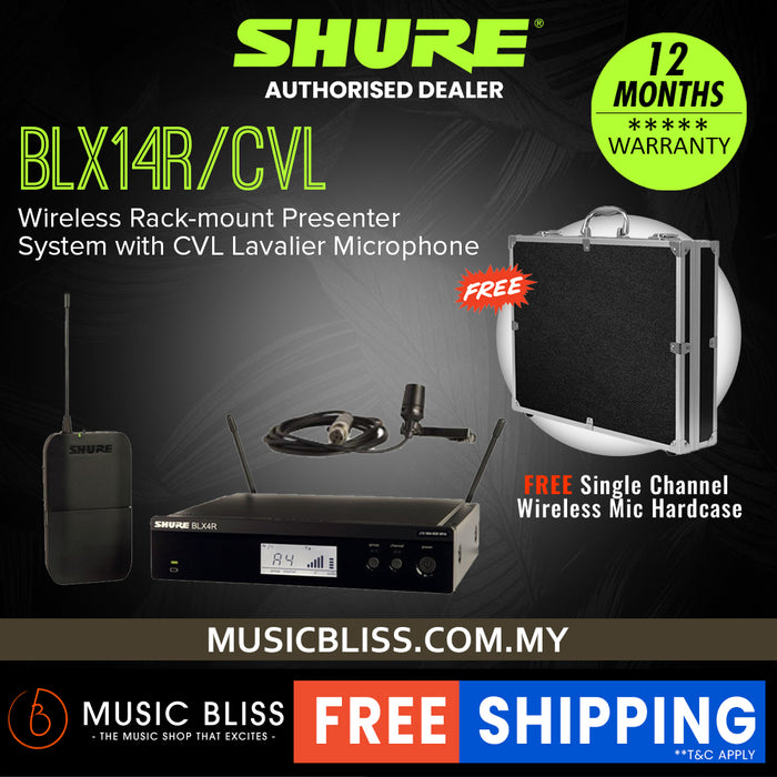 Shure BLX14R/CVL Wireless Rack-mount Presenter System, BLX4R Wireless Receiver, BLX1 Bodypack Transmitter & CVL Lavalier Microphone