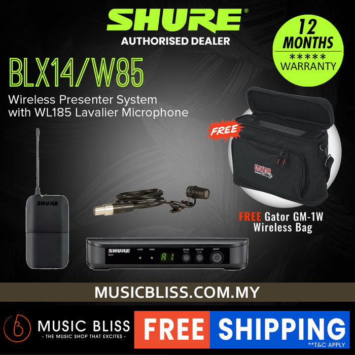 Shure BLX14/W85 Wireless Presenter System, BLX4 Receiver, BLX1 Bodypack Transmitter & WL185 Lavalier Microphone