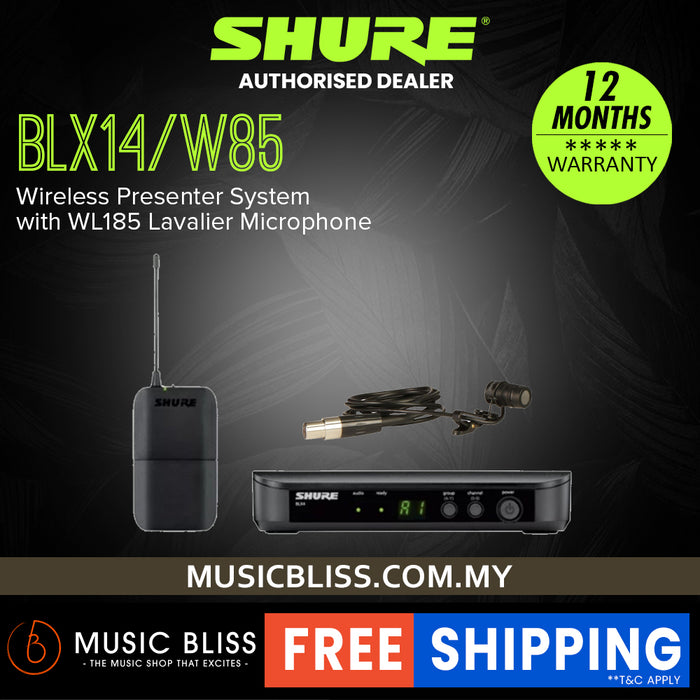 Shure BLX14/W85 Wireless Presenter System, BLX4 Receiver, BLX1 Bodypack Transmitter & WL185 Lavalier Microphone