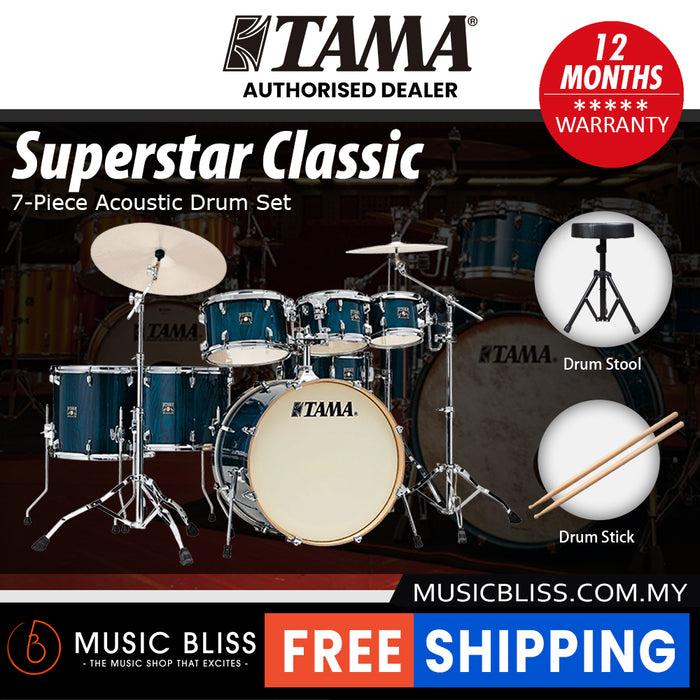 Tama Superstar Classic CL72RSP 7-Piece Drum Set with Hardware - Gloss Sapphire Lacebark Pine