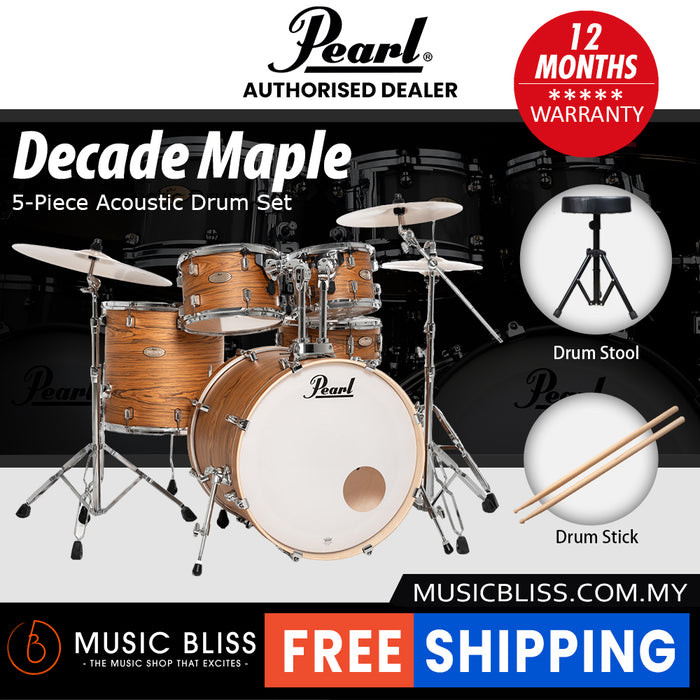 Pearl Decade Maple 5-Piece Drum Set with Hardware, Drumstick and Throne - 22" Kick - Satin Caramel Veil