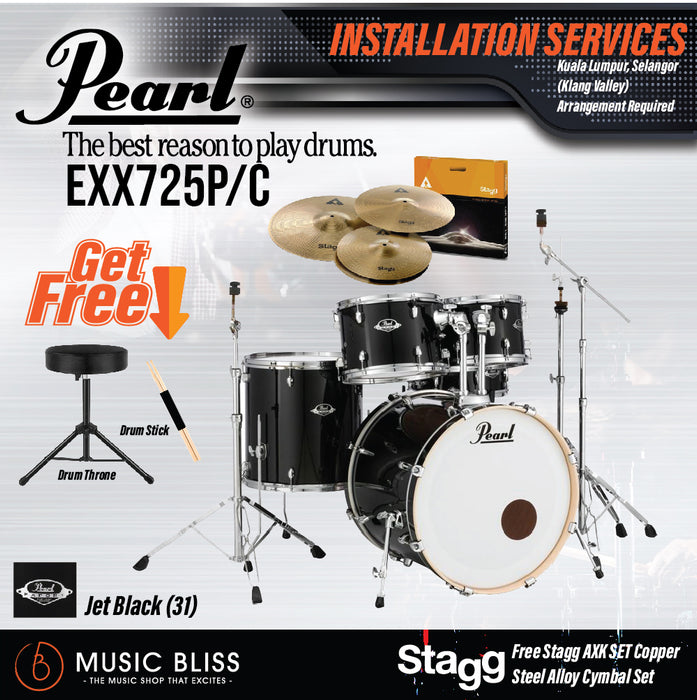 Pearl Export EXX 5-Piece Drum Set with Hardware, Drumstick and Throne - 22 Kick - Jet Black - Music Bliss Malaysia