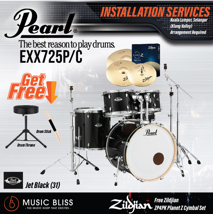 Pearl Export EXX 5-Piece Drum Set with Hardware, Drumstick and Throne - 22 Kick - Jet Black - Music Bliss Malaysia