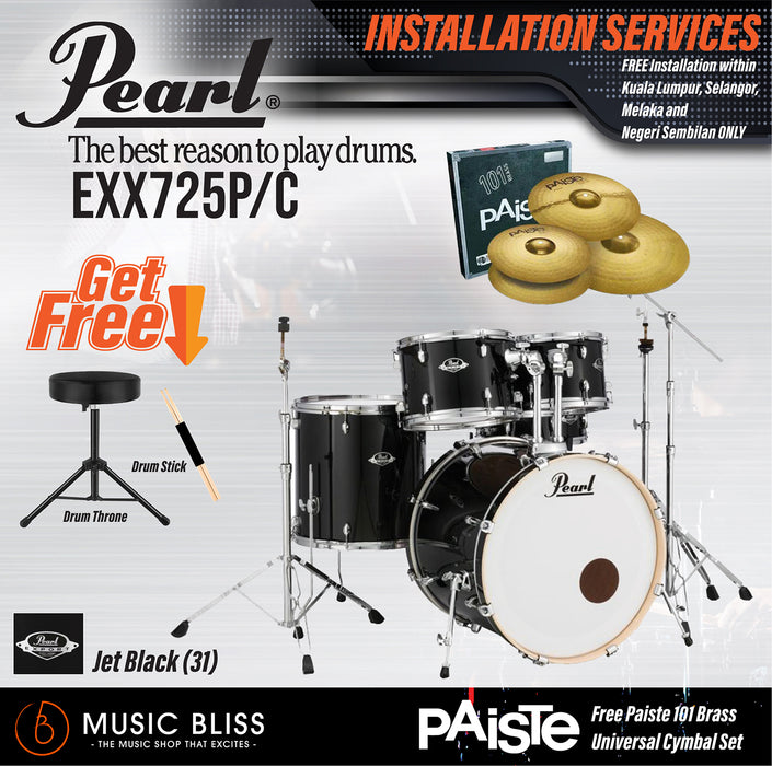 Pearl Export EXX 5-Piece Drum Set with Hardware, Drumstick and Throne - 22 Kick - Jet Black - Music Bliss Malaysia