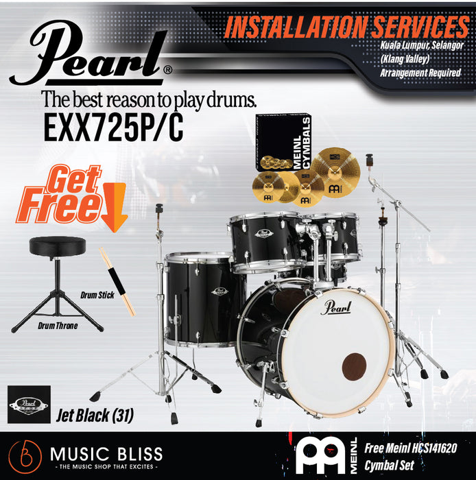 Pearl Export EXX 5-Piece Drum Set with Hardware, Drumstick and Throne - 22 Kick - Jet Black - Music Bliss Malaysia