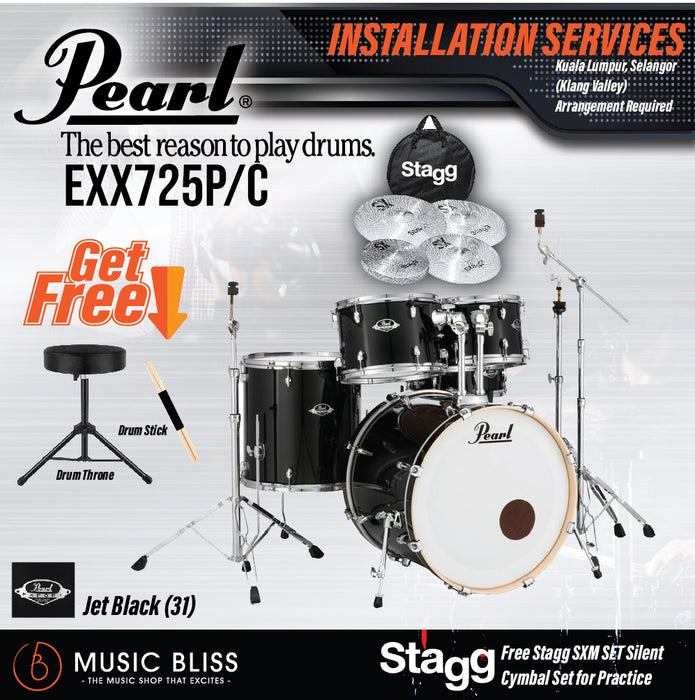 Pearl Export EXX 5-Piece Drum Set with Hardware, Drumstick and Throne - 22 Kick - Jet Black - Music Bliss Malaysia