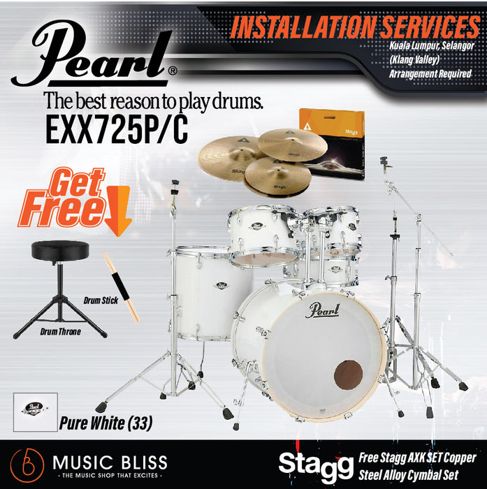 Pearl Export EXX 5-Piece Drum Set with Hardware, Drumstick and Throne - 22 Kick - Pure White - Music Bliss Malaysia