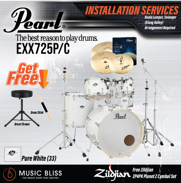 Pearl Export EXX 5-Piece Drum Set with Hardware, Drumstick and Throne - 22 Kick - Pure White - Music Bliss Malaysia