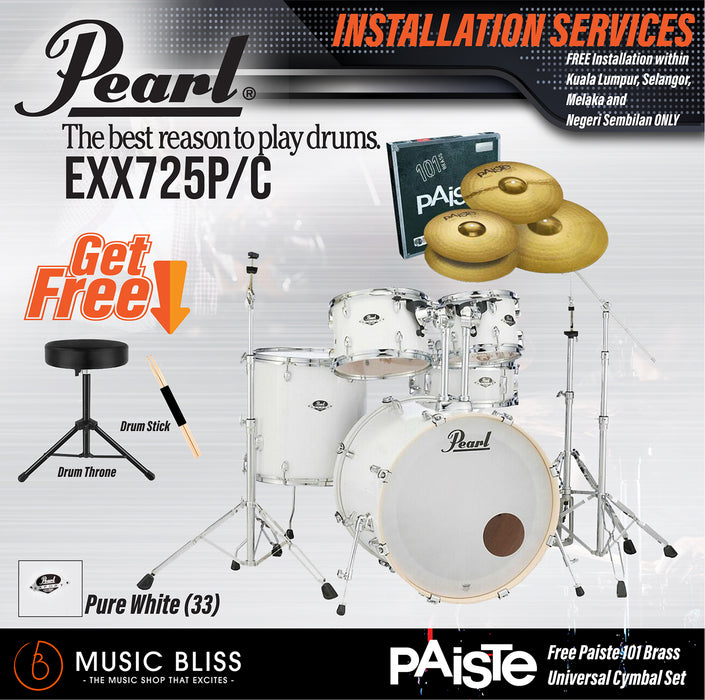 Pearl Export EXX 5-Piece Drum Set with Hardware, Drumstick and Throne - 22 Kick - Pure White - Music Bliss Malaysia