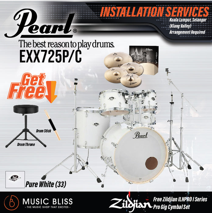 Pearl Export EXX 5-Piece Drum Set with Hardware, Drumstick and Throne - 22 Kick - Pure White - Music Bliss Malaysia