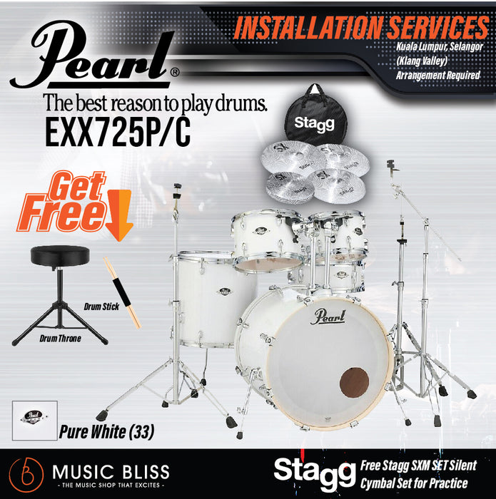 Pearl Export EXX 5-Piece Drum Set with Hardware, Drumstick and Throne - 22 Kick - Pure White - Music Bliss Malaysia