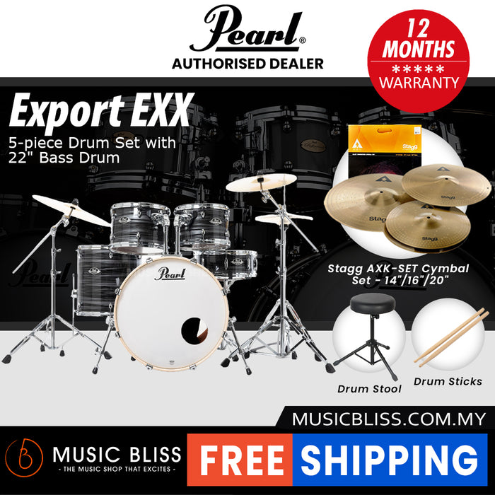 Pearl Export EXX 5-Piece Drum Set with Hardware, Drumstick and Throne - 22 Kick - Graphite Silver Twist