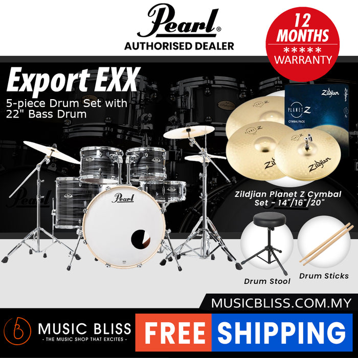 Pearl Export EXX 5-Piece Drum Set with Hardware, Drumstick and Throne - 22 Kick - Graphite Silver Twist