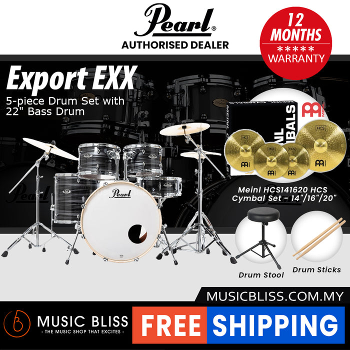 Pearl Export EXX 5-Piece Drum Set with Hardware, Drumstick and Throne - 22 Kick - Graphite Silver Twist