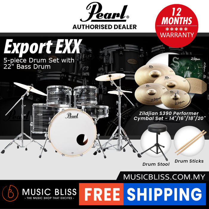 Pearl Export EXX 5-Piece Drum Set with Hardware, Drumstick and Throne - 22 Kick - Graphite Silver Twist