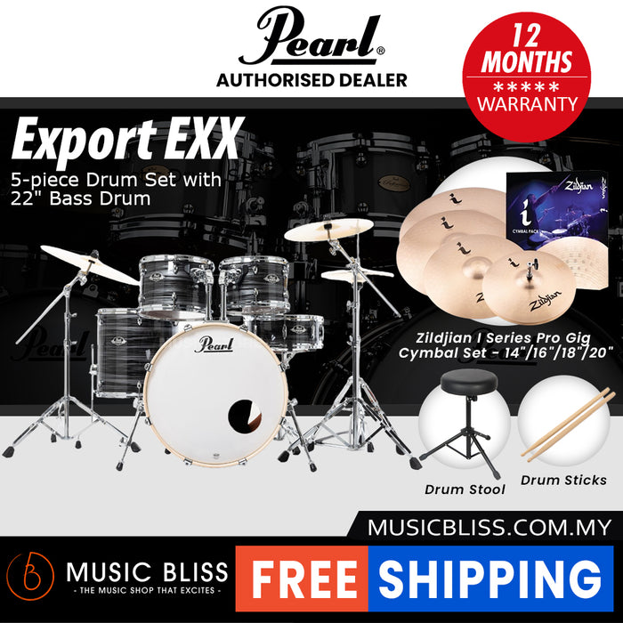 Pearl Export EXX 5-Piece Drum Set with Hardware, Drumstick and Throne - 22 Kick - Graphite Silver Twist
