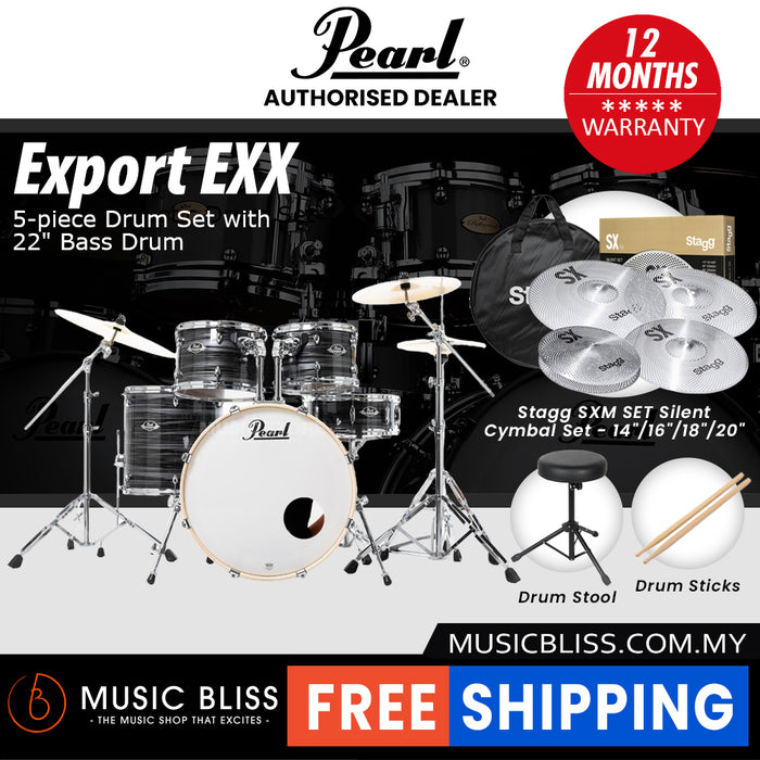 Pearl Export EXX 5-Piece Drum Set with Hardware, Drumstick and Throne - 22 Kick - Graphite Silver Twist
