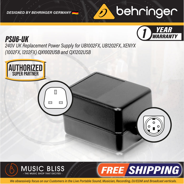 Behringer PSU6 240V UK Replacement Power Supply for UB1002FX, UB1202FX, XENYX (1002FX, 1202FX), QX1002USB and QX1202USB - Music Bliss Malaysia