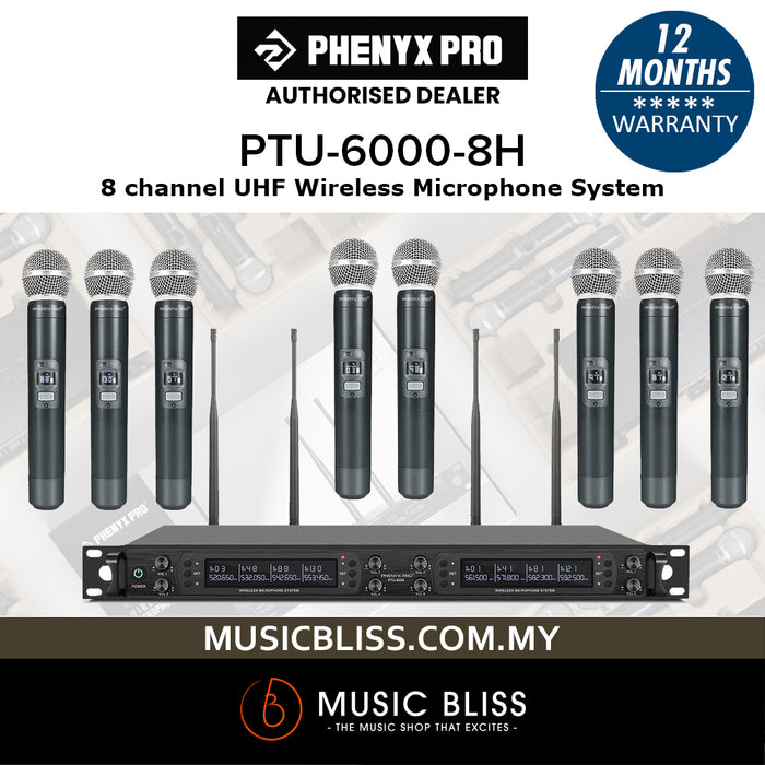 Phenyx Pro Best Budget Wireless PTU-6000-8H 8-channel UHF Wireless Microphone System, 8x Hanheld Dynamic Microphones, 328ft Range, Ideal for Singing,Church, Karaoke