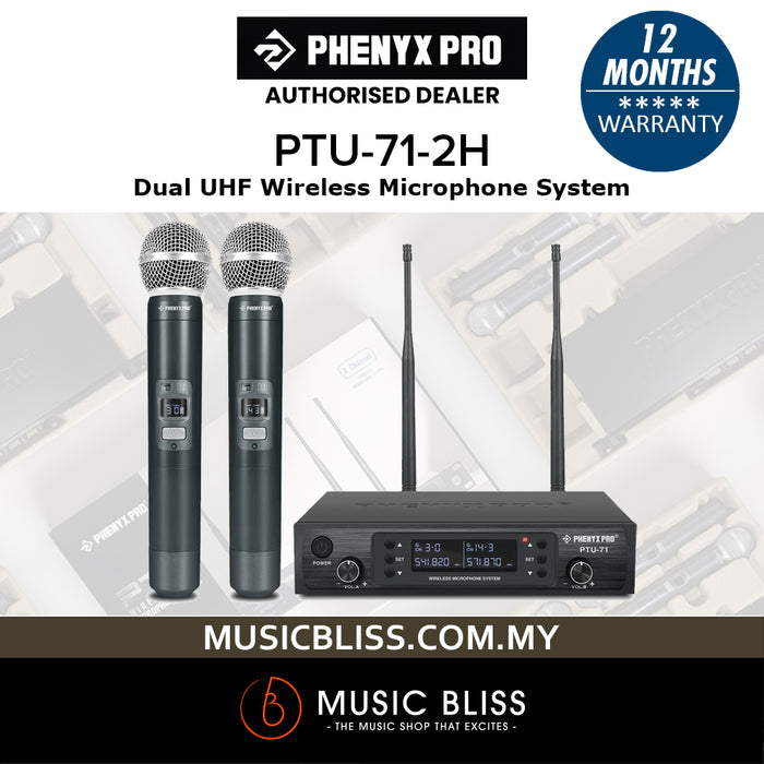 Phenyx Pro Best Budget Wireless PTU-71-2H Dual Handheld UHF Wireless Microphone System, Ideal for Public Speaking, Church, Karaoke