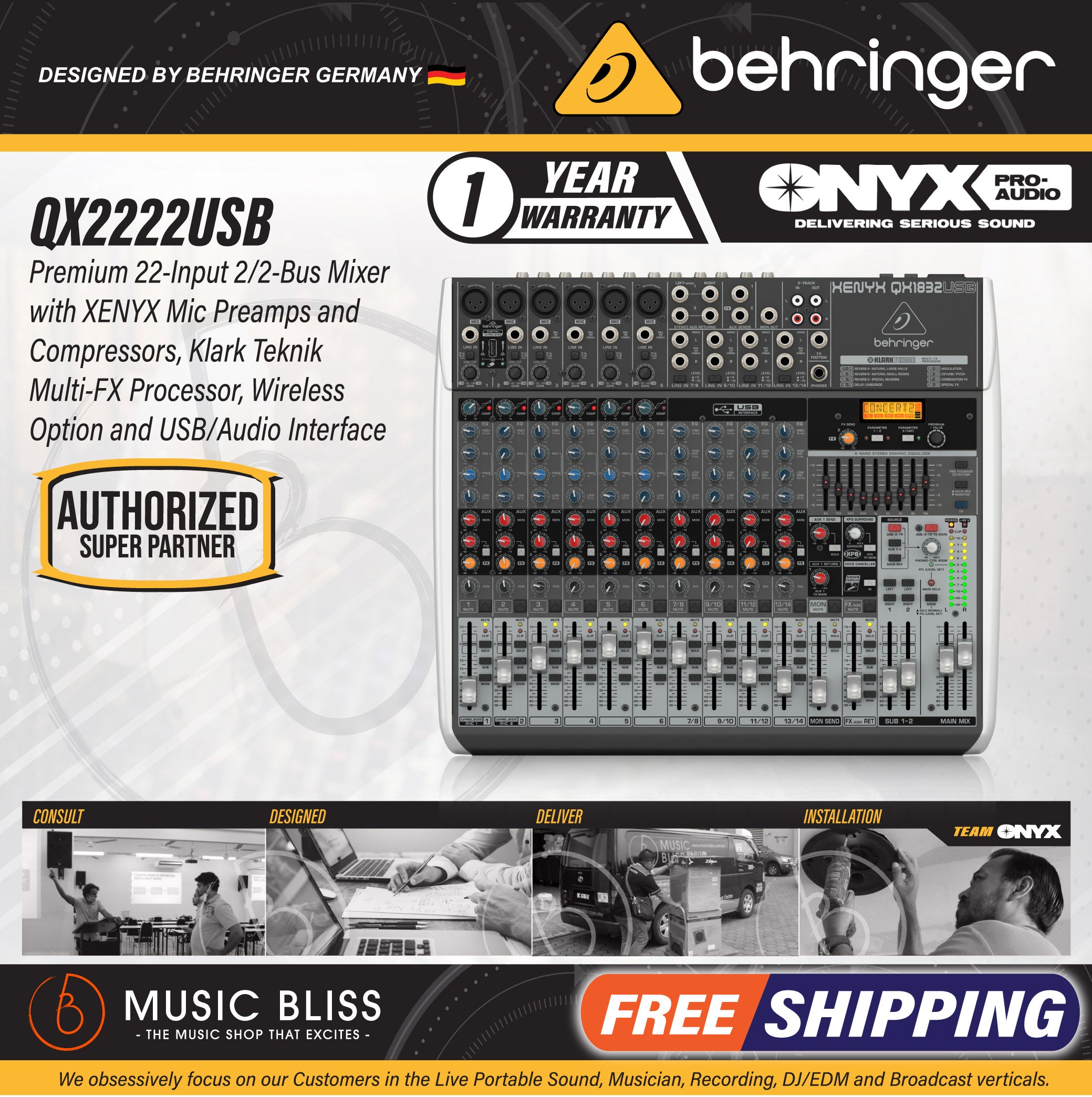 Behringer XENYX QX2222USB Mixer with USB and Effects | Music