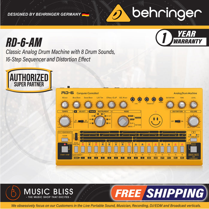 Behringer RD-6-AM Analog Drum Machine - Yellow - Music Bliss Malaysia