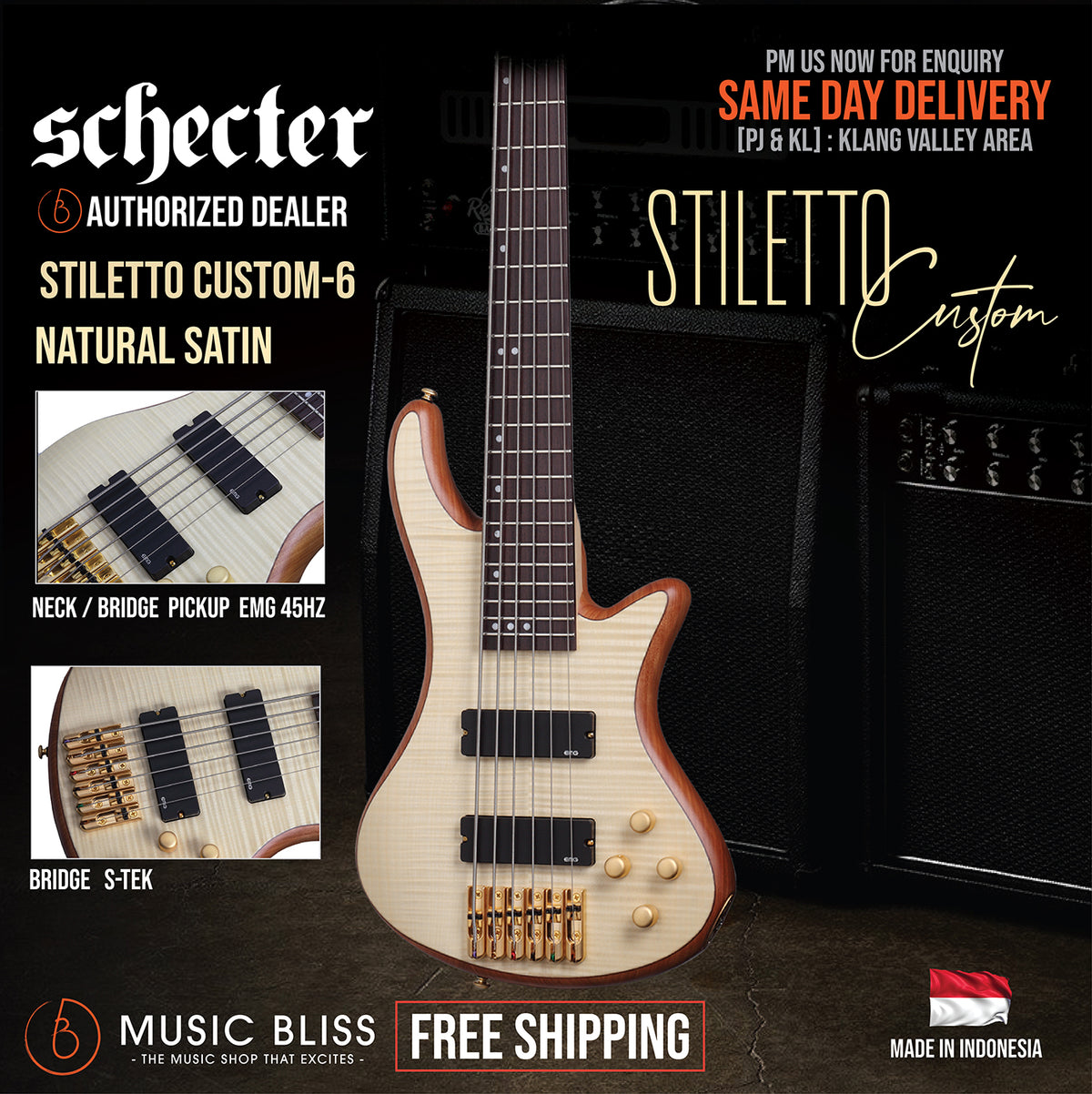 Schecter Stiletto Custom-6 6-String Bass Guitar - Natural Satin (MII ...