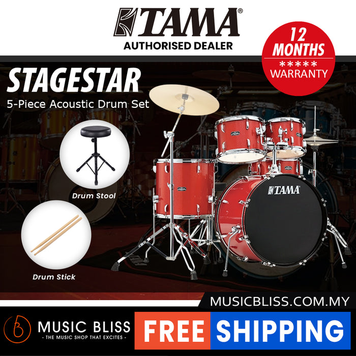 Tama Stagestar 5-piece Drum Set with Drumsticks and Throne - 22" Kick - Candy Red Sparkle