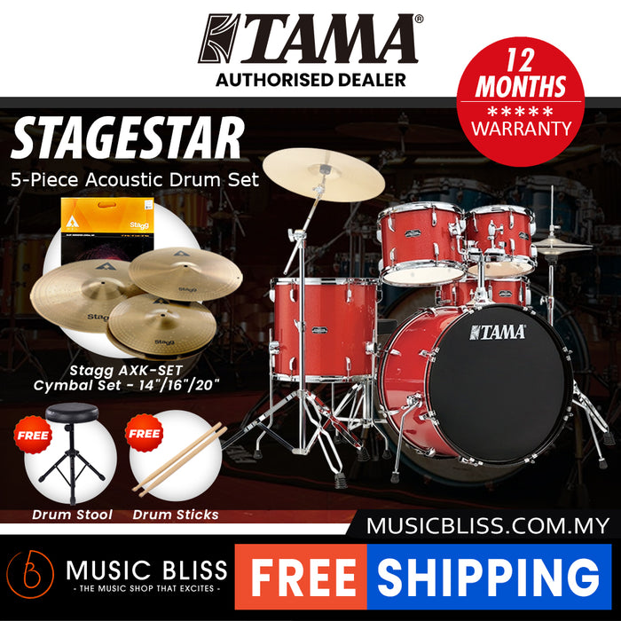 Tama Stagestar 5-piece Drum Set with Drumsticks and Throne - 22" Kick - Candy Red Sparkle