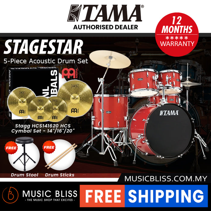 Tama Stagestar 5-piece Drum Set with Drumsticks and Throne - 22" Kick - Candy Red Sparkle