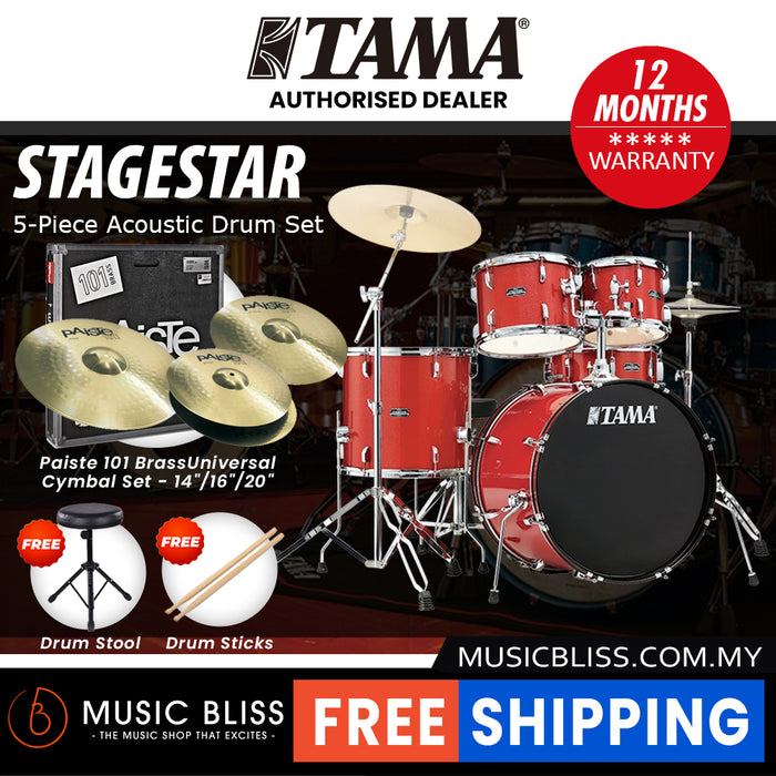 Tama Stagestar 5-piece Drum Set with Drumsticks and Throne - 22" Kick - Candy Red Sparkle