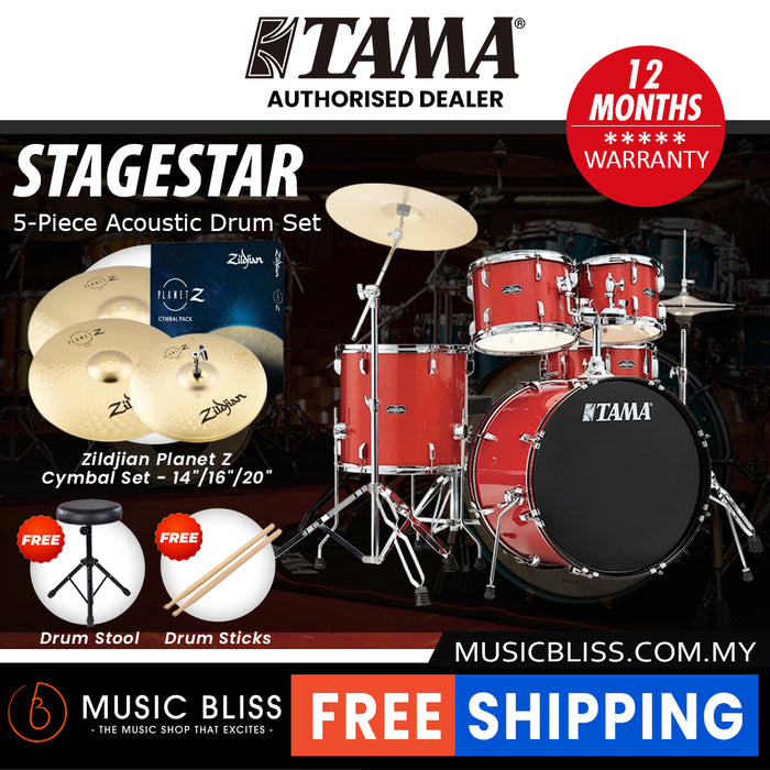 Tama Stagestar 5-piece Drum Set with Drumsticks and Throne - 22" Kick - Candy Red Sparkle