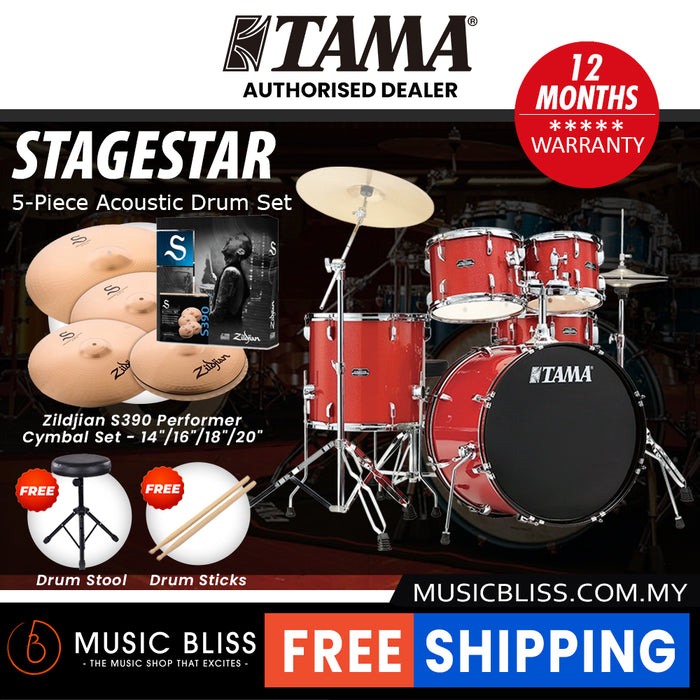 Tama Stagestar 5-piece Drum Set with Drumsticks and Throne - 22" Kick - Candy Red Sparkle