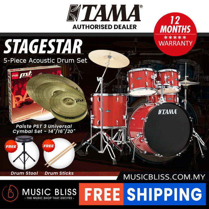 Tama Stagestar 5-piece Drum Set with Drumsticks and Throne - 22" Kick - Candy Red Sparkle